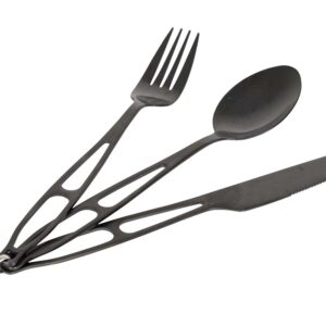 Zwarte outdoor bestek 3 in 1 lepel, vork en mes in etui. van het merk bo-camp