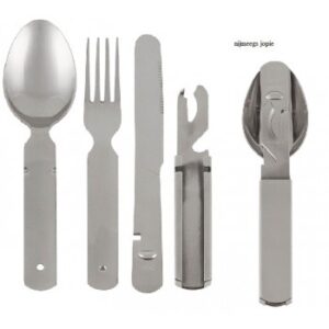Silvere gebruikte makkelijk mee te nemen bestekset 4 in 1 lepel, vork, mes en opener