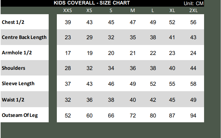Kinder overall maattabel