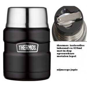 zwarte isoleerfles met grote opening voor voedsel. Inhoud 470milliliter houd tot 9uur warm en 14uur koel. van het merk thermos