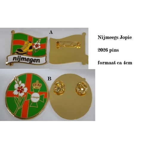 4-daagse Pins of speld, uitgave 2026, rond of vierkant, 4,95 per stuk of als set 8,95