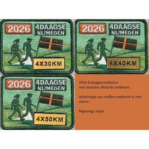 2026 afstands embleem, 4-daagse met metalen cijfer, ca 6 x 8cm, inclusief sticker